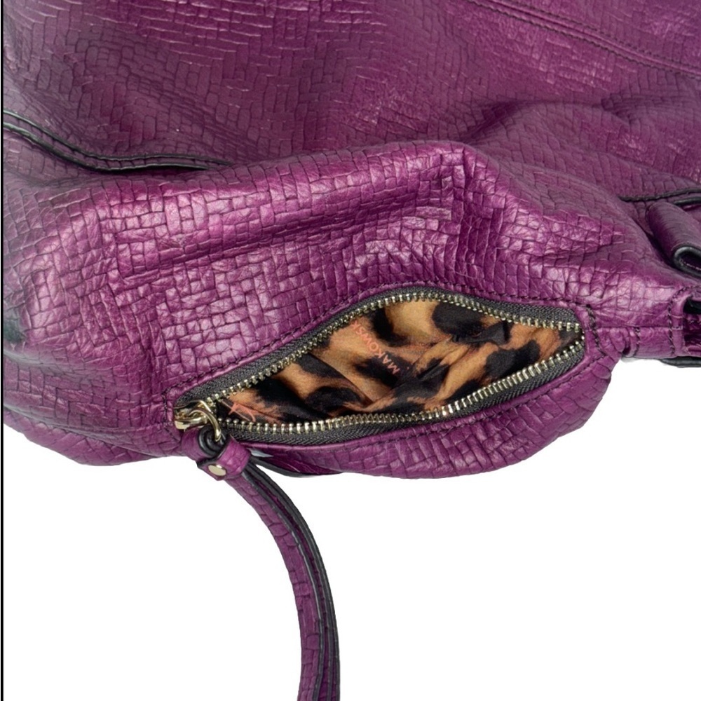 B. Makowsky Plum Embossed Leather Shoulder Bag Large Tote Leopard Lining - Picture 10 of 14